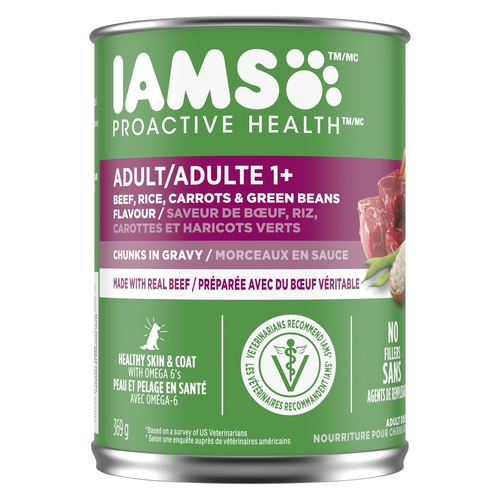 IAMS - Proactive Health Adult 1+ Dog Food - Chunks in Gravy Beef, Rice, Carrots & Green Beans 369g, 1 Each