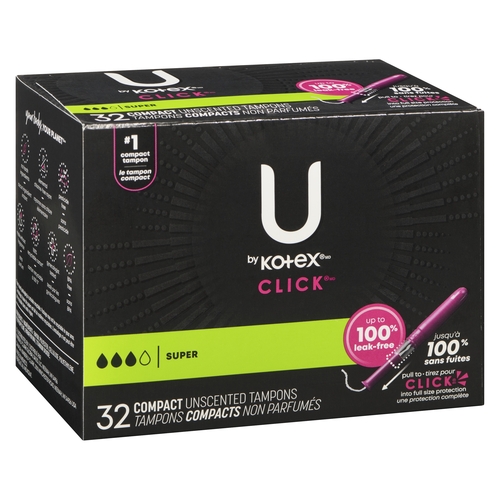 U by Kotex - Click Compact Super Unscented Tampons - Plastic Applicator 32pk, 1 Each