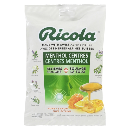 Ricola - Cough Suppressant Throat Lozenges - Menthol Centres Honey Lemon 34 Drops