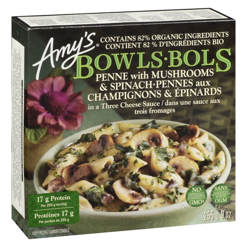 Amy's Bowls - Penne with Mushrooms & Spinach in a Three Cheese Sauce 255g, 1 Each