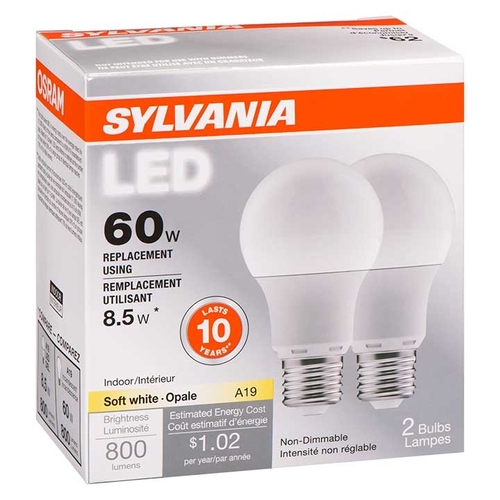 Sylvania - 8.5W A19 LED Soft White Bulbs (60W replacement) 800 lumens 2s, 1 Each