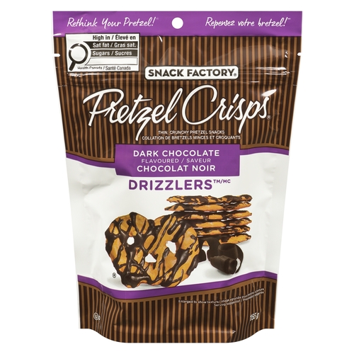 Snack Factory Pretzel Crisps - Thin, Crunchy Pretzel Snacks - Drizzlers Dark Chocolate 155g, 1 Each