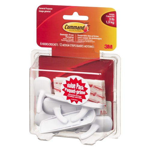 3M Command Brand - 6 Hooks + 12 Medium Strips Value Pack, 1 Each