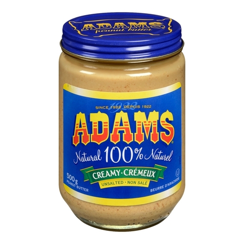 Adams - 100% Natural Peanut Butter - Creamy - Unsalted 500g, 1 Each