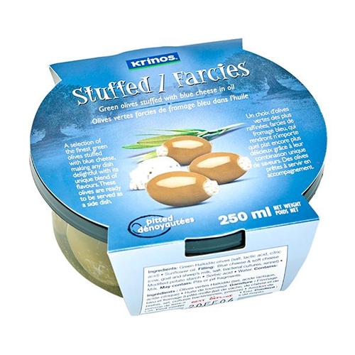 Krinos - Green Olives Stuffed With Blue Cheese In Oil 250ml, 1 Each