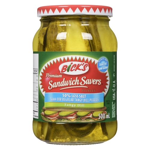 Bick's - Sandwich Savers Premium Pickles - Tangy Dill - 50% Less Salt 500ml, 1 Each