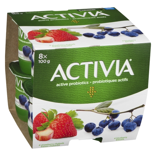 Activia - Probiotic Yogurt - Strawberry-Rhubarb, Blueberry 2.9% m.f. 8pk, 1 Each