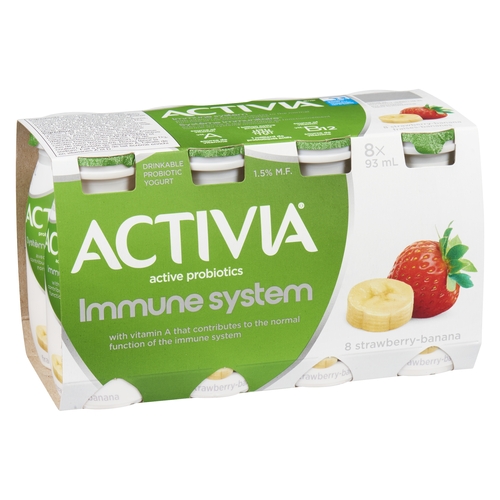 Activia - Drinkable Probiotic Yogurt - Immune System - Strawberry-Banana 1.5% m.f. 8/93ml, 1 Each