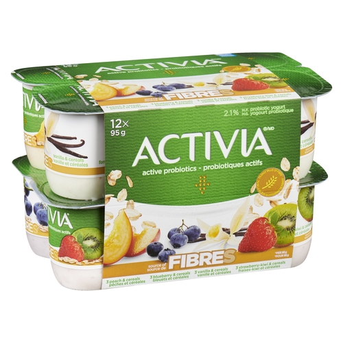 Activia - Probiotic Yogurt - Peach, Blueberry, Vanilla, Strawberry-Kiwi & cereals 2.1% m.f. 12pk, 1 Each