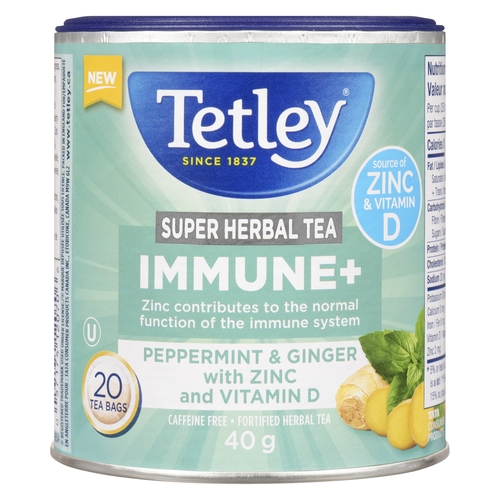 Tetley - Super Herbal Tea Immune+ Peppermint & Ginger with Zinc & Vitamin D 20pk, 1 Each