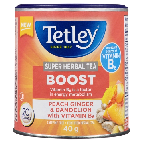 Tetley - Super Herbal Tea Boost - Peach Ginger & Dandelion with Vitamin B6 20pk, 1 Each