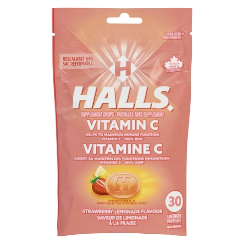 Halls - Vitamin C Supplement Drops - Strawberry Lemonade Flavour 30s, 1 Each