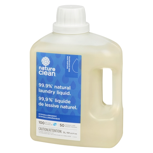 Nature Clean - 99.9% Natural Laundry Liquid - Hypoallergenic Fragrance Free - 100 HE Loads - 50 Standard Loads 3l, 1 Each