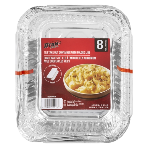 Titan Foil - 1lb Take Out Containers with Folded Lids - 13cm x 10.2cm x 3.9cm 8pk, 1 Each