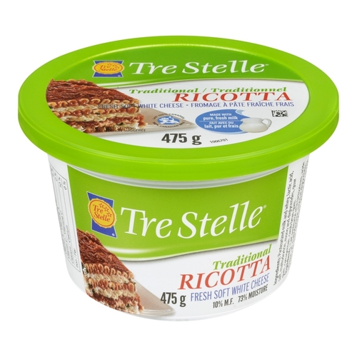 Tre Stelle - Traditional Ricotta Fresh Soft White Cheese 10% m.f 475g, 1 Each