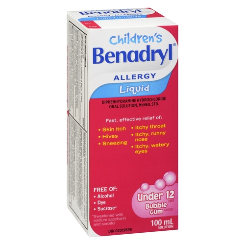Benadryl - Children's Allergy Diphydramine Hydrocholoride Liquid - Bubble Gum Flavour 100ml, 1 Each
