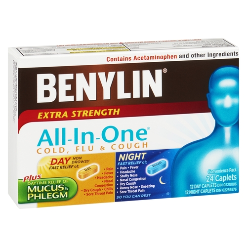 Benylin - All-In-One Cold, Flu & Cough 12 Day + 12 Night Caplets - Extra Strength 24pk, 1 Each