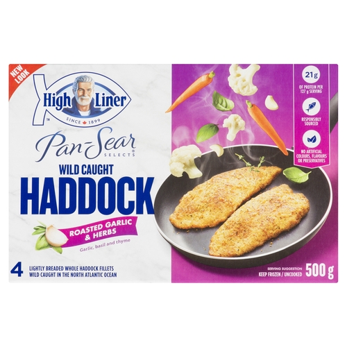 High Liner - Pan-Sear Selects - Wild Caught Lightly Breaded Whole Haddock Fillets - Roasted Garlic & Herbs 4's 500g, 1 Each