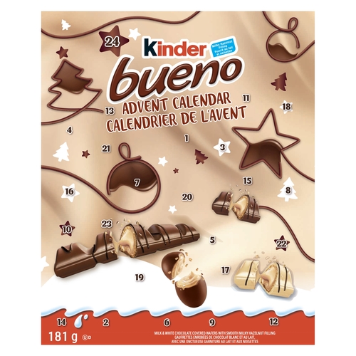Kinder - Bueno Advent Calendar - Milk & White Chocolate Covered Wafers with Smooth Milky Hazelnut Filling 181g, 1 Each