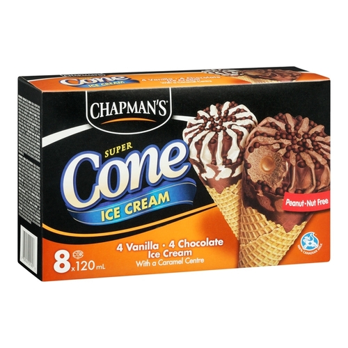 Chapman's - Super Ice Cream Cones - 4 Vanilla • 4 Chocolate with a Caramel Centre 8pk, 1 Each