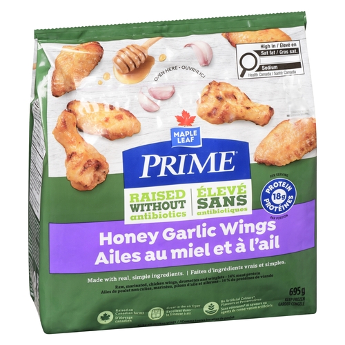 Maple Leaf Prime - Raw, Marinated, Chicken Wings, Drumettes and Winglets Honey Garlic Wings 695g, 1 Each