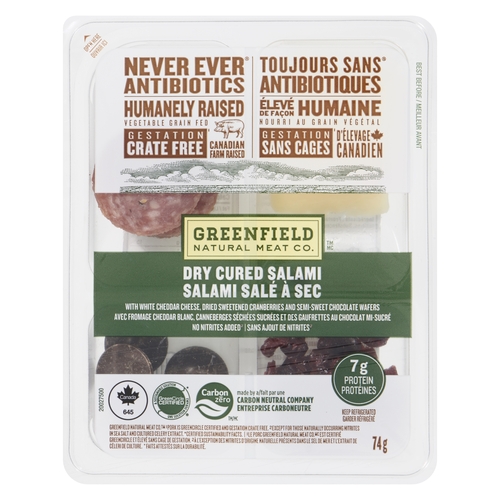 Greenfield Natural Meat Co. - Dry Cured Salami with White Cheddar Cheese, Dried Sweetened Cranberries and Semi-Sweet Chocolate Wafers 74g, 1 Each