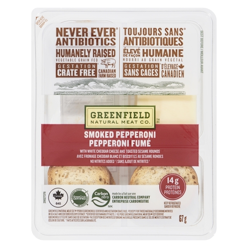 Greenfield Natural Meat Co. - Smoked Pepperoni with White Cheddar Cheese and Toasted Sesame Rounds 67g, 1 Each