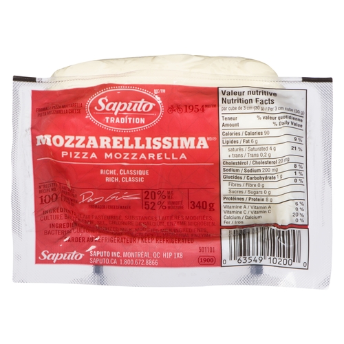 Saputo Tradition - Mozzarellissima Pizza Mozzarella Cheese 20% m.f. 340g, 1 Each