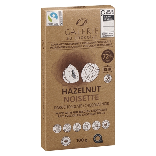 Galerie au Chocolat - Fairtrade Belgian Dark Chocolate - Hazelnut 72% Cocoa 100g, 1 Each