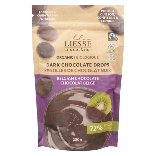 Liesse Chocolatier - Organic Dark Belgian Chocolate Drops - 72% Cocoa 200g