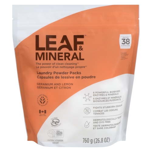 Leaf & Mineral - Laundry Powder Packs - Geranium and Lemon 38s, 1 Each