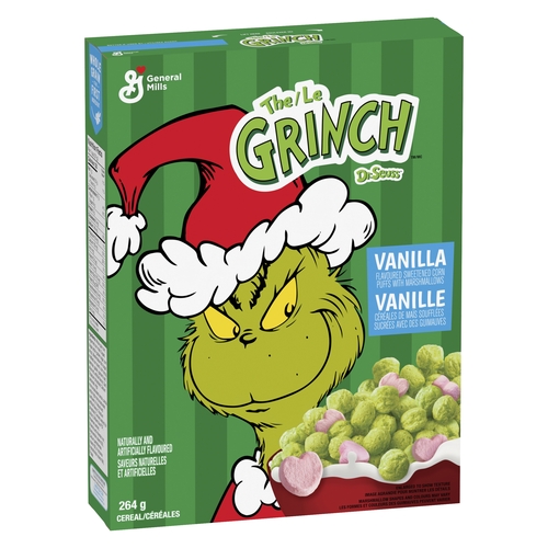 General Mills Cereal - The Grinch Dr. Seuss Vanilla Flavoured Sweetened Corn Puffs with Marshmallows 264g, 1 Each
