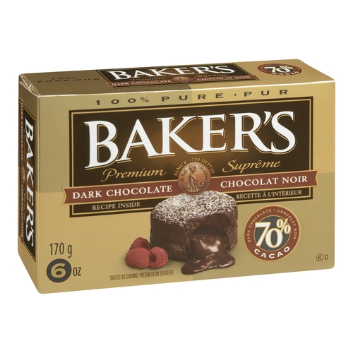 Baker's - 100% Pure Premium Dark Chocolate - 70% Cacao 170g, 1 Each