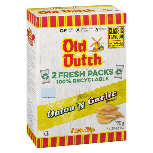 Old Dutch Potato Chips - Onion 'n Garlic Flavoured - 2 Packs x 110g (220g) 220g, 1 Each