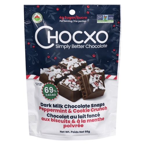 ChocXO- Organic Dark Milk Chocolate Snaps - Peppermint & Cookie Crunch - 69% Cacao 98g, 1 Each