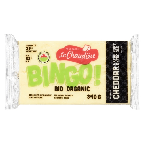 La Chaudiere - Bingo! Organic Cheddar Cheese - Extra Old - Lactose-Free 33% m.f. 340g, 1 Each