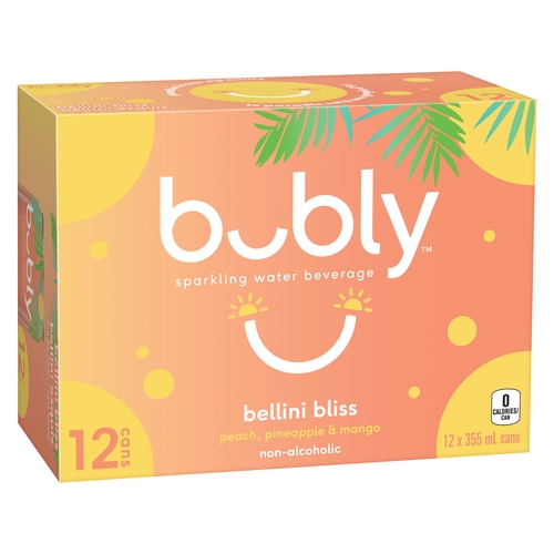 Bubly Sparkling Water Beverage - Belini Bliss - Peach, Pineapple & Mango 12/355ml, 1 Each