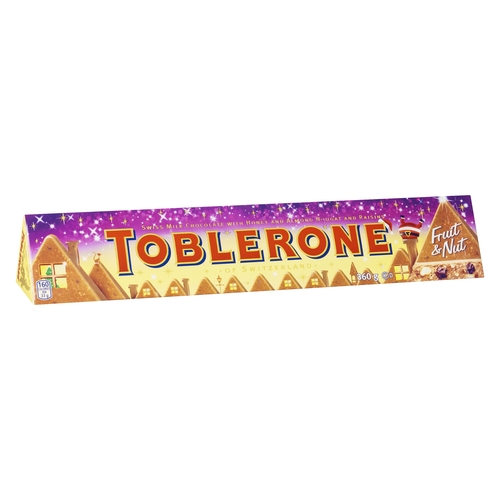 Toblerone - Swiss Milk Chocolate with Honey and Almond Nougat & Raisins - Fruit & Nut 360g, 1 Each