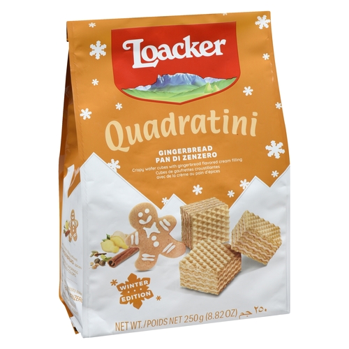 Loacker - Quadratini Crispy Wafer Cubes with Gingerbread Flavored Cream Filling Winter Edition 250g, 1 Each
