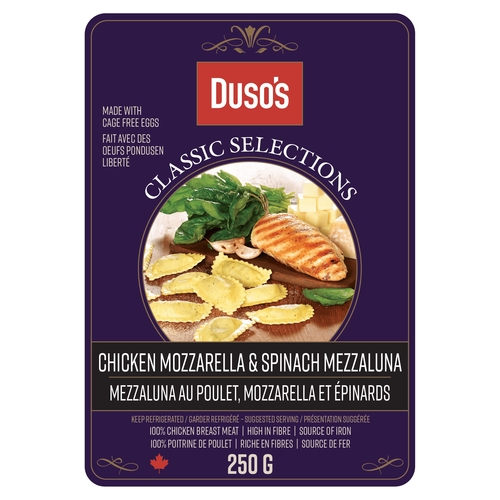 Duso's - Fresh Pasta - Classic Selections - Chicken Mozzarella & Spinach Mezzaluna 250g, 1 Each