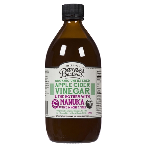 Barnes Naturals - Organic Unfiltered Apple Cider Vinegar & the Mother with Manuka Active 5+ Honey 500ml, 1 Each