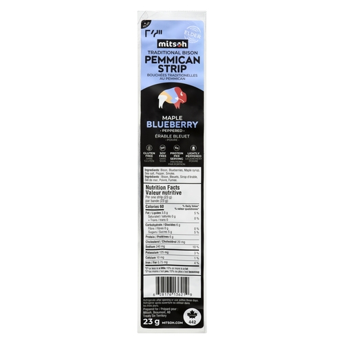 Mitsoh - Traditional Bison Pemmican Strip - Maple Blueberry Peppered 23g, 1 Each