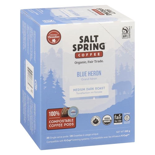 Salt Spring Coffee - Organic Coffee Pods - Blue Heron Medium Dark Roast 20's 230g, 1 Each