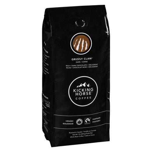 Kicking Horse Coffee - Organic Whole Bean Coffee - Grizzly Claw - Dark Roast 454g, 1 Each