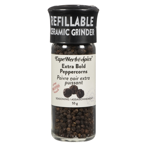 Cape Herb & Spice - Seasoning - Extra Bold Peppercorns - Refillable Ceramic Grinder 55g, 1 Each