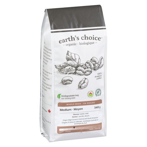 Earth's Choice - Organic Coffee - Whole Bean - Medium 340g, 1 Each