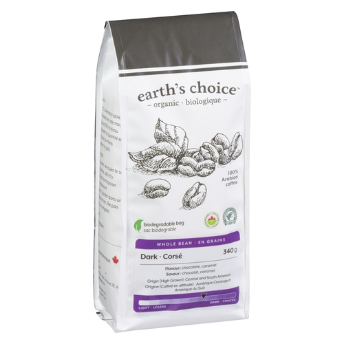 Earth's Choice - Organic Coffee - Whole Bean - Dark 340g, 1 Each