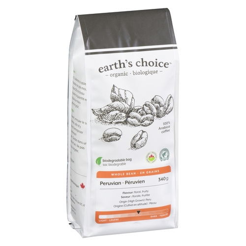 Earth's Choice - Organic Coffee - Whole Bean - Peruvian 340g, 1 Each