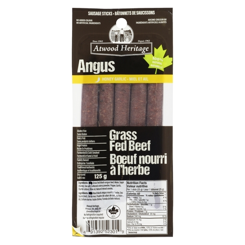 Atwood Heritage - Sausage Sticks - Grass Fed Angus Beef - Honey Garlic 5's 125g, 1 Each