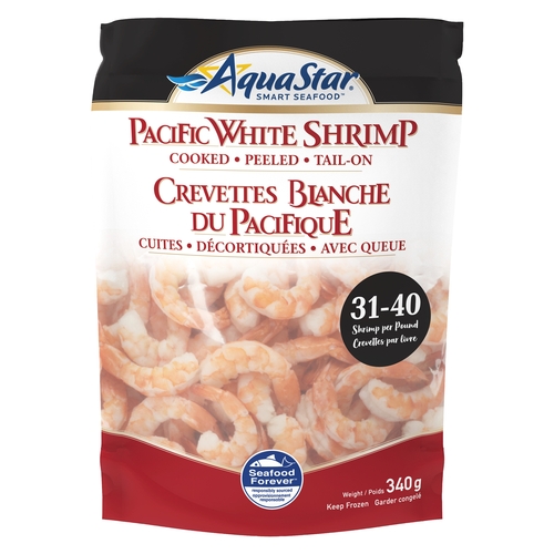 Aqua Star - Pacific White Shrimp - 31-40 Shrimp per Pound - Cooked - Peeled - Tail On 340g, 1 Each